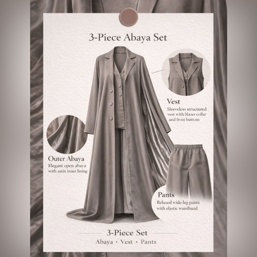 Elegant Gray 3-Piece Abaya Set